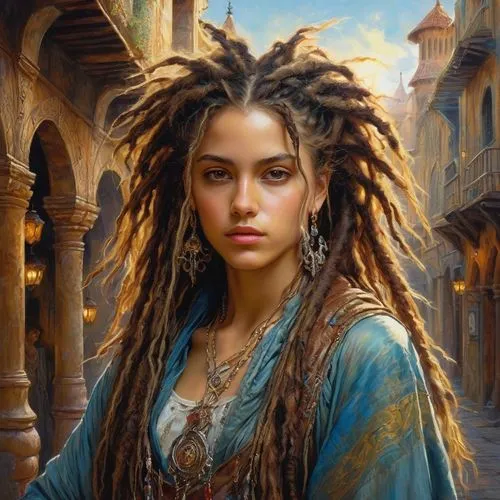 dreadlocks,fantasy portrait,mystical portrait of a girl,romantic portrait,fantasy art,boho art,girl in a historic way,gypsy hair,african american woman,oil painting on canvas,young woman,bohemian,girl portrait,portrait of a girl,artemisia,african woman,oil painting,woman portrait,artist portrait,indian woman,Photography,Fashion Photography,Fashion Photography 24