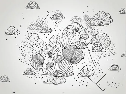 a drawing with different shapes and sizes,flower line art,umbrella pattern,flower drawing,paper flower background,botanical line art,flowers pattern,Illustration,Black and White,Black and White 04