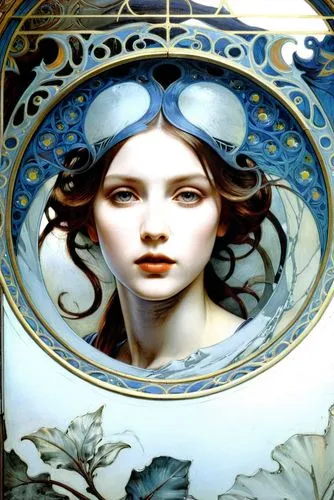 Alphonse Mucha, painting, pictures, frame, portal,an ornate painting of a girl's face and her glasses are seen through the circular doorway,art nouveau frames,art nouveau frame,viveros,mucha,maiolica,