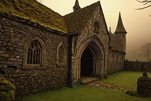 Ancient fieldstone architecture, medieval engineering, grand fortress, robust stone walls, Gothic arches, intricate carvings, moss-covered stones, weathered wooden doors, heavy iron hinges, ornate lan