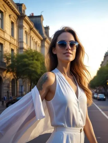 a woman standing on the sidewalk with sunglasses on,parisienne,fashiontv,neistat,paris,parisian,marzia