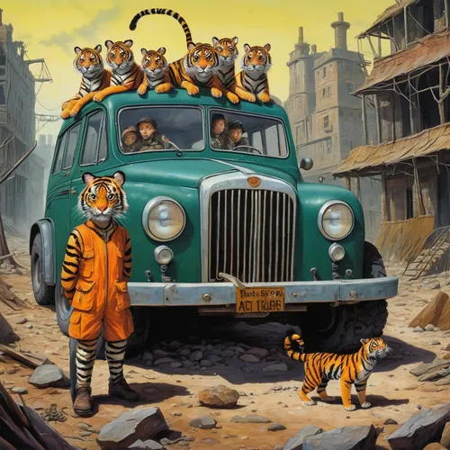 vintage cats,tigers,animal train,school bus,rescue alley,oktoberfest cats,schoolbus,fox hunting,stray cats,anthropomorphized animals,felines,bengal,school buses,cats,monkeys band,cat european,felidae,animal lane,patrols,big cats,Art,Artistic Painting,Artistic Painting 33