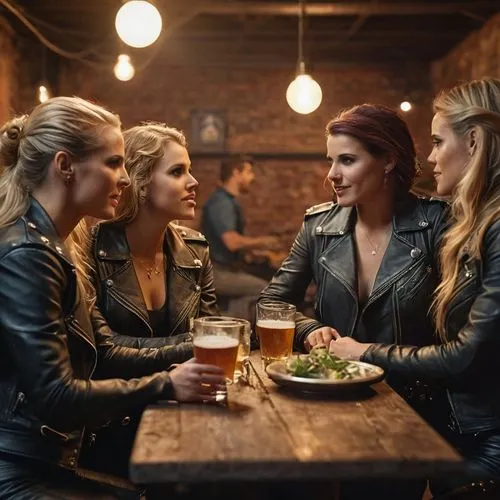 A dinner scene in a  biker bar in 2024. A simple bar back room room, somple biker style with posters of bikes and girls equiped. Three gorgeous biker women, elaborate in 2024 leather outfit aged betwe