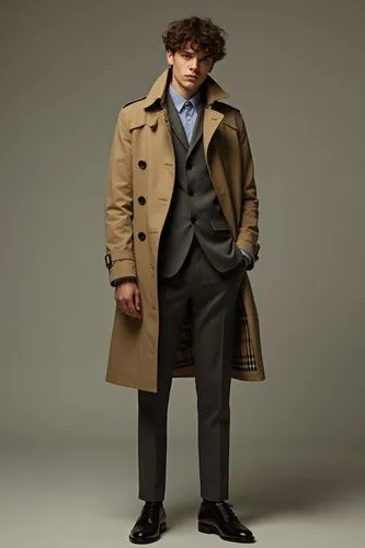 Fashion Model,a man wearing a trench and hat standing in a grey backdrop,overcoat,overcoats,greatcoat,long coat,greatcoats,trenchcoat,Photography,Fashion Photography,Fashion Photography 01