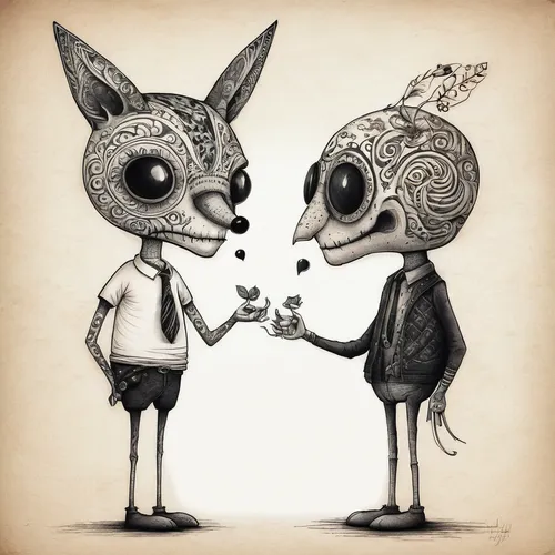 Create a dialogue between two friends discussing their favorite tattoos.,handshake,conversation,couple boy and girl owl,frankenweenie,whimsical animals,anthropomorphized animals,rock paper scissors,sh