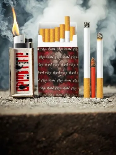 Cigarette Display, Red and white color scheme,  realistic, grunge, gritty, cinematic, apocalyptic, "OPEN FIRE" Cigarette pack, realistic, fire, burnt, smoke, ashes,,cigarette box,tobacco products,ciga