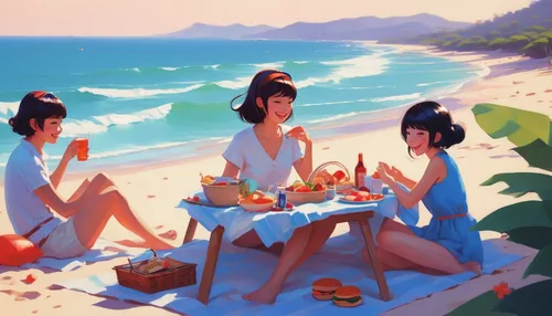 Imagine a beachside picnic surrounded by xigua slices and laughter.,beach restaurant,beach goers,umbrella beach,beach bar,summer bbq,picnic,summer beach umbrellas,summer day,summer foods,blue hawaii,s