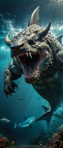 Monstro gigante de Touro misturado com tubarão,marine reptile,water creature,god of the sea,cynorhodon,salt water crocodile,sea devil,sea monsters,cuthulu,coelacanth,ark,mergus,underwater background,m