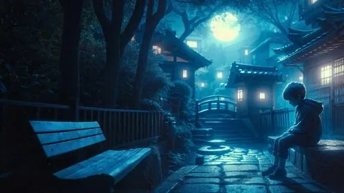 japan's three great night views,japanese shrine,night scene,lanterns,lantern,blue rain,tsukemono,light of night,japanese background,nightlight,japanese lantern,illuminated lantern,studio ghibli,japan garden,evening atmosphere,japan landscape,theatrical scenery,the mystical path,kyoto,blue door