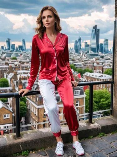 In this captivating portrait, the sporty Lady in Red, with her pink and white pyjamas in various shades of red, sits regally in a sleek black dress. Her gaze is fixed on the pavement below, as she gaz