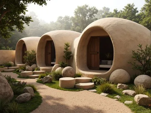 earthship,roundhouses,igloos,superadobe,roof domes,round hut,stone oven,round house,domes,yurts,odomes,igloo,3d rendering,tuff stone dwellings,wigwams,ecovillages,stone houses,render,clay house,biomes