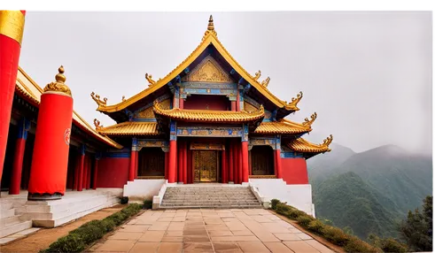 Gangteng Monastery, Tibetan-style architecture, grand entrance, red pillars, golden roofs, intricate carvings, prayer flags, misty morning, soft sunlight, 3/4 composition, panoramic view, warm color t