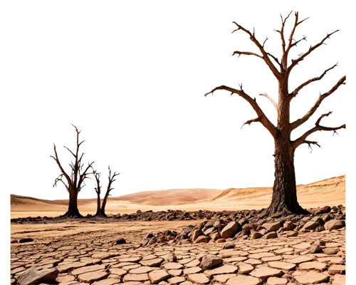 Cracked earth, barren landscape, dry terrain, rugged surface, deep fissures, dusty atmosphere, worn rocky outcrops, withered trees, desolate background, low-angle shot, warm color tone, high contrast,