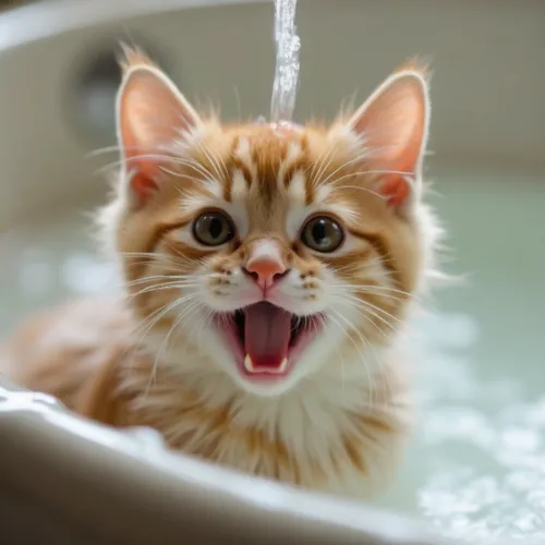 an orange and white cat is drinking water in a sink,ginger kitten,water bath,taking a bath,bath with milk,cute cat,ginger cat