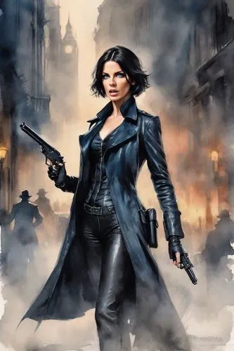 romanoff,storybrooke,gunslinger,katniss,woman holding gun,helsing,girl with a gun,bulletgirl,domino,girl with gun,femme fatale,anousheh,messalla,sci fiction illustration,holtzman,dominczyk,selene,huntress,seregil,harkavy,Digital Art,Watercolor