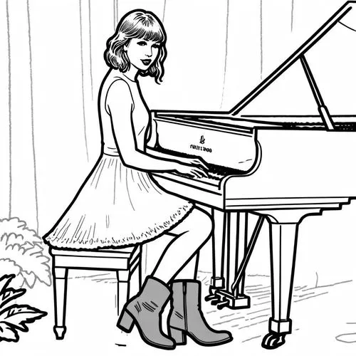 line drawing of taylor swift ,a girl in boots playing the piano,pianist,piano lesson,coloring pages,piano player,play piano,coloring page,Design Sketch,Design Sketch,Rough Outline