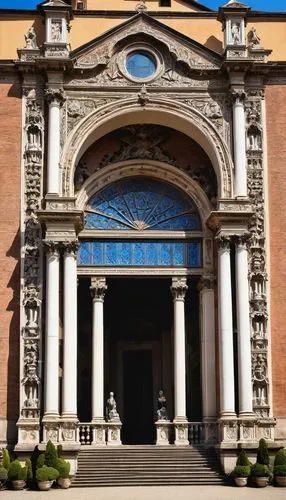 Renaissance style, Leon Battista Alberti inspired building, grandiose, ornate decorations, Corinthian columns, arches, domes, symmetrical facade, marble stones, intricate carvings, ornate doorways, ba