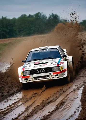 Write a poem capturing the beauty and precision of an Audi Quattro rally car sliding through a muddy track.,audi quattro,audi pikes peak quattro,audi le mans quattro,world rally car,regularity rally,w