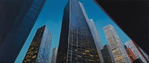 Modern skyscraper, futuristic architecture, sleek lines, silver reflective glass, angular structure, cantilevered floors, LED lights, urban cityscape, busy streets, night scene, warm ambient lighting,