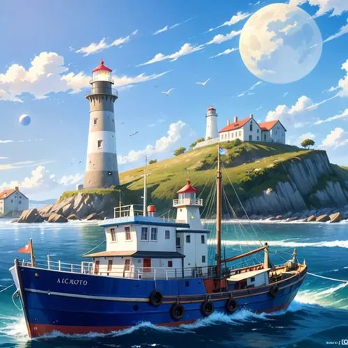 a fishing ship moves to the lighthouse, no cloud in the sky, no moon ,a boat is on a body of water in front of some lighthouses,yazaki,schoolship,sea fantasy,inishmaan,lighthouses,machico,Anime,Anime,