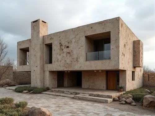 Rustic modern building, rough plastered concrete walls, earthy tone colors, natural textures, irregular shapes, industrial chic design, urban cityscape, cloudy gray sky, soft diffused lighting, shallo