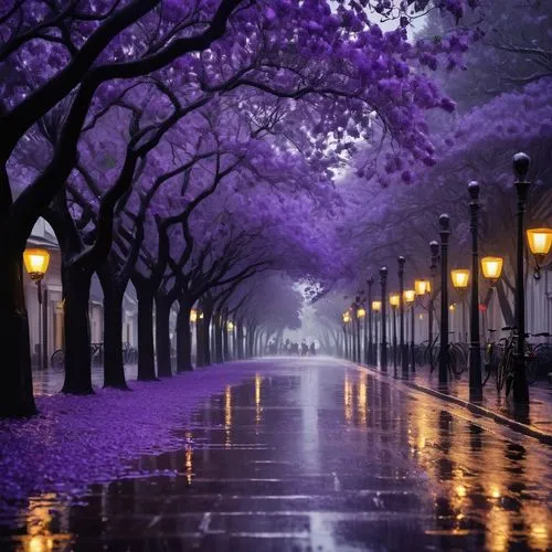 cherry blossom tree-lined avenue,cherry blossom in the rain,jacaranda,jacaranda trees,purple landscape,purple rain,lilac tree,purple wallpaper,the cherry blossoms,cherry trees,sakura trees,japanese cherry trees,tree-lined avenue,cherry blossoms,cold cherry blossoms,blooming trees,cherry blossom tree,tree lined path,the purple-and-white,purple lilac,Conceptual Art,Fantasy,Fantasy 19