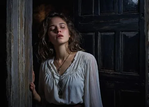 in the door,portrait photography,mystical portrait of a girl,wooden door,open door,the girl in nightie,dark portrait,creepy doorway,the door,portrait photographers,scared woman,vampire woman,blue door,gothic portrait,nightgown,the threshold of the house,sauna,romantic portrait,screen door,girl in a historic way,Illustration,American Style,American Style 08