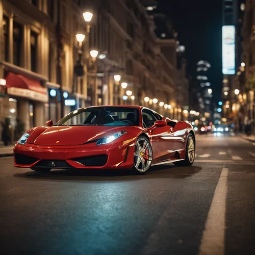 Write a thrilling car chase scene involving an F430 in a bustling city at night.,ferrari 458,ferrari 458 spider,ferrari 488 gtb,ferrari 488,ferrari 458 speciale,speciale,458,ferarri,exotic cars ferrar