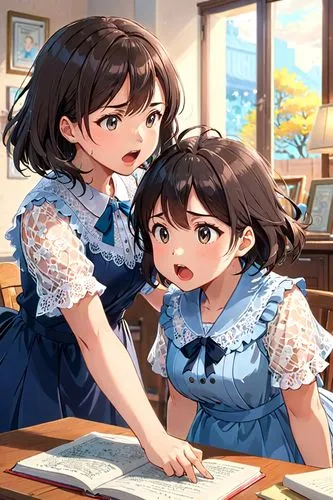 two girls,honmei choco,mom and daughter,tutoring,children girls,mother and daughter,sisters,tutor,hands holding,honolulu,country dress,game illustration,holding,helping hand,children studying,school children,cg artwork,himuto,kawaii children,hanbok,Anime,Anime,Realistic