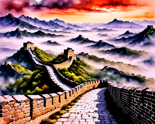 great wall,wudang,world digital painting,landscape background,dragon bridge,watercolor background,fantasy picture,huashan,fantasy landscape,badaling,haicang,wall,mountainous landscape,confucianism,qin,qingming,mountain landscape,shaoming,epoxi,huanglong,Illustration,Paper based,Paper Based 24