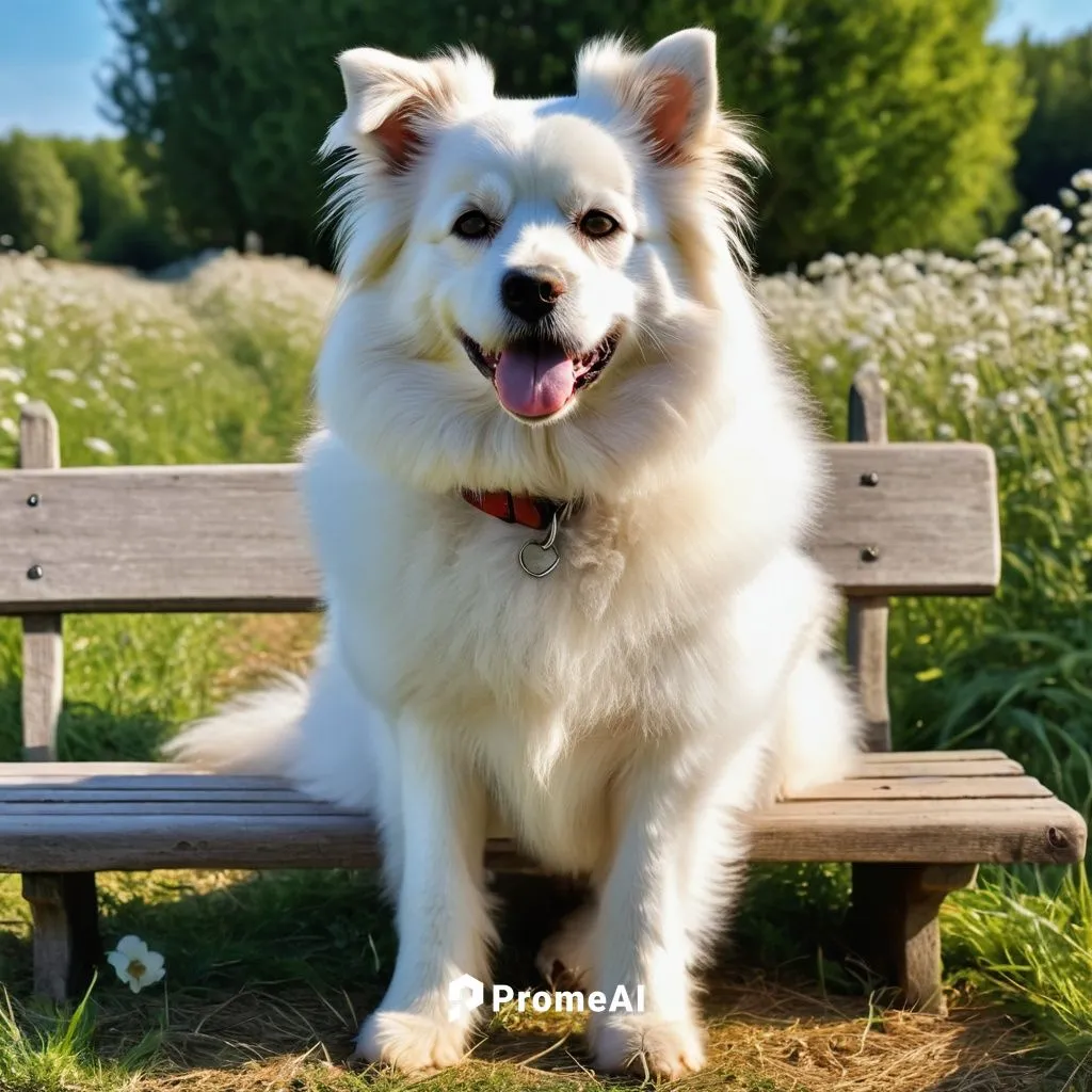 A fluffy white dog with sitting on a bench in a sun-kissed meadow.,samoyedic,samoyed,pyr,australian shepherd,dog shetland sheepdog,shetland sheepdog,cheerful dog,dog pure-breed,shoob,atka,the pembroke