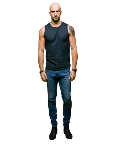 Man, muscular, Shota, serious facial expression, feather skull tattoo on left shoulder, black sleeveless shirt, ripped jeans, leather boots, standing, one hand in pocket, strong lighting, dramatic sha