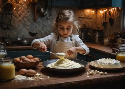 A 5-year-old girl לבושה שרוולים ארוכים, whips קצפת for a cake, next to the bowl is white cheese, baking powder, קליפות ביצים, oil and cornflour,girl in the kitchen,gingerbread maker,girl with bread-an