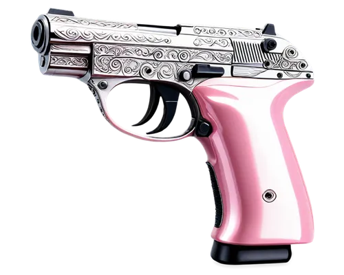 Pink handgun, shiny metallic surface, detailed trigger, slide, and grip, pink pearl handle, intricate engravings, silver accents, realistic reflections, 3/4 composition, soft box lighting, cinematic r