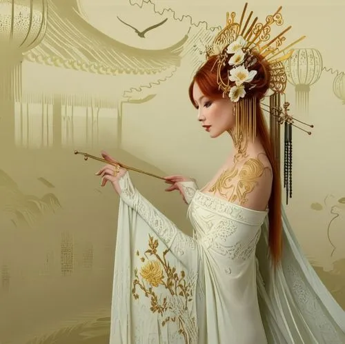 a woman with large hair and a dress is holding a fan,gold filigree,bridal,golden crown,bridal gown,diadem,oriental princess,Illustration,Retro,Retro 08