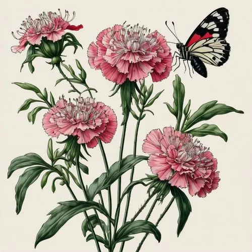 The image portrays a detailed botanical illustration set against a light beige background. It features a cluster of carnation flowers (Dianthus caryophyllus) in various stages of bloom. The flowers sh