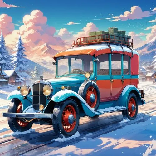 snow scene,christmas retro car,christmas truck,snowplow,retro vehicle,christmas car,Illustration,Japanese style,Japanese Style 03