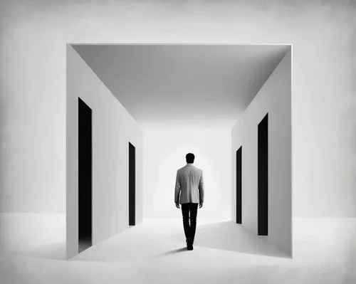 standing man,the illusion,passage,the threshold of the house,conceptual photography,illusion,virtual identity,corridor,think outside the box,pawn,silhouette of man,man silhouette,contemporary witnesses,walking man,self hypnosis,dismissal,dualism,wall,pedestrian,parallel worlds,Illustration,Black and White,Black and White 32