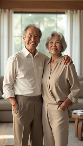 Happy and healthy elderly Korean couple, both in their 60s, smiling warmly at the camera, wearing modern, comfortable clothing - the man in a neat casual shirt and slacks, the woman in a stylish blous