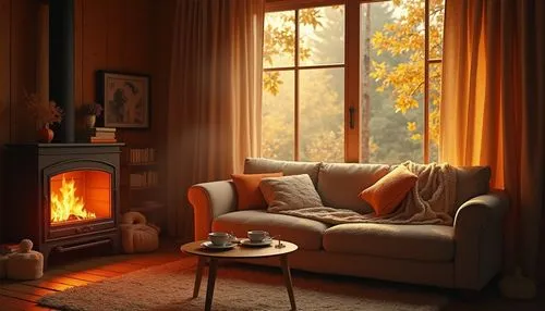 Warm cozy atmosphere, ochre color palette, rustic wooden walls, vintage furniture, soft golden lighting, comfortable plush sofa, fluffy throw blankets, crackling fireplace, autumn leaves outside, mist