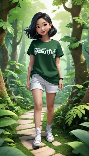 girl in t-shirt,forest background,world digital painting,green forest,green summer,greenery,green background,little girl running,in the forest,female runner,forest clover,green wallpaper,girl with tree,forest walk,girl walking away,tshirt,cartoon forest,isolated t-shirt,forest animal,digital painting,Unique,3D,3D Character