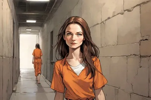 prison,prisoner,orange robes,blind alley,girl walking away,arbitrary confinement,detention,woman walking,sci fiction illustration,the girl's face,lori,scared woman,action-adventure game,background image,alley,asylum,narrow street,cg artwork,game illustration,live escape game,Digital Art,Comic