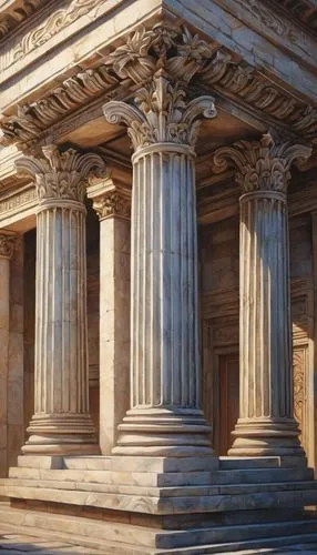 Ancient Greek, Doric order, stone column, ornate capital, carved acanthus leaves, weathered stone, detailed stonework, symmetrical facade, grand entrance, steps leading up, imposing structure, histori