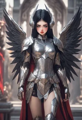 Black hair athletic short small petite girl wearing symmetrical armor and wings,Dark Angel,archangel,the archangel,goddess of justice,bellona,auditore,dark angel,Photography,Cinematic