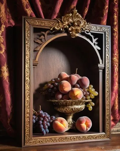 Rustic, vintage, oil painting, worn wooden frame, ornate golden details, dimly lit, soft warm glow, 17th century style, rich colors, intricate brushstrokes, still life composition, fruit bowl, overflo