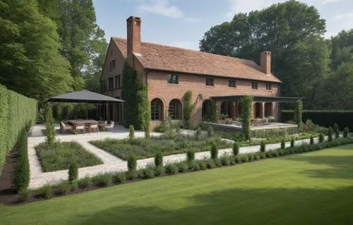 The lanscape of home in the country near eclectic modern brick house with neo-gothic and english style elements. ,an outdoor seating area on the front lawn of a home,garden elevation,dumanoir,tylney,e