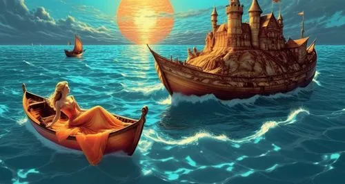 where and when my sleeping beauty come and see the other life at deep sea with big smile ,a painting of two boats and a small island in the ocean,spelljammer,fantasy picture,sailing orange,sea fantasy