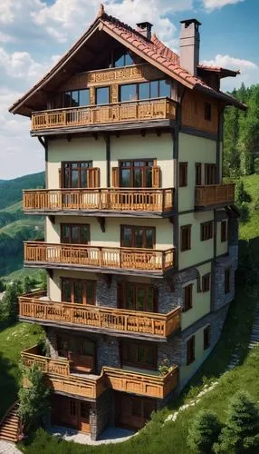 Create me a big house with five floors, with five windows on each floor, a double door and balconies on the windows. A sloping roof and being in the center of a small village.,house in mountains,house