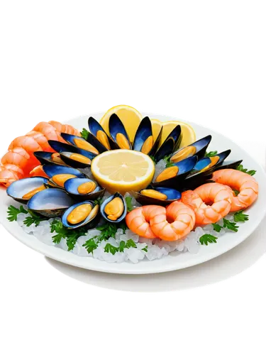 Fresh seafood, assorted platter, colorful arrangement, ice bed, lemon slices, parsley garnish, shrimp, crab claws, lobster tail, mussels, oysters, scallops, clams, fish fillet, salmon sashimi, sushi r