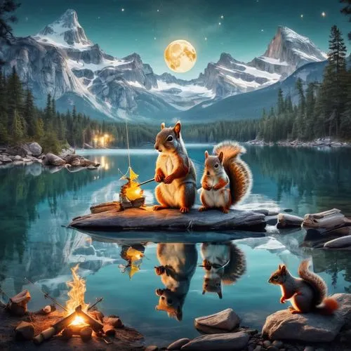 campfire,fantasy picture,campfires,mozilla,the night of kupala,romantic night,whimsical animals,fantasy art,firestar,fire background,moon and star background,romantic scene,charizard,night scene,magical adventure,s'more,woodland animals,squirrels,capricorn kitz,camp fire,Photography,Artistic Photography,Artistic Photography 07